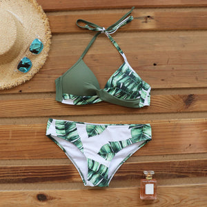 Maillot de bain maillot de bain femme licou biquini feuille imprimé bikini plage porter 2020