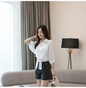 HELIAR Lantern Sleeve Chiffon Shirts Women 2020 Summer Buttoned Up Shirt Long Sleeve Blouse Tied Waist Elegant Women Blouses