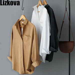 Lizkova White Blouse Women Suede Long Sleeve Formal Shirt 2020 Spring Lapel Ladies Blouse Streetwear 8866