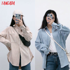 Tangada women preppy oversize corduroy shirt blusas mujer de moda boyfriend style shirt womens