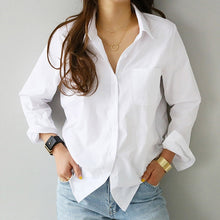 Load image into Gallery viewer, 2020 Spring One Pocket Women White Shirt Female Blouse Tops Long Sleeve Casual Turn-down Collar SOL tyle Women Loose Blouses
