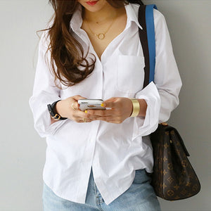 2020 Spring One Pocket Women White Shirt Female Blouse Tops Long Sleeve Casual Turn-down Collar SOL tyle Women Loose Blouses