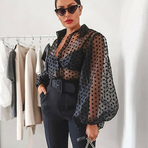 Polka Dot Retro Femmes Blouse Early Autumn Lady Modern Mesh Shirt Vogue See-through Loose Puff Button