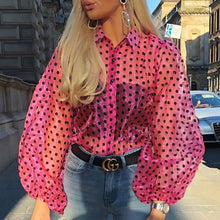 Load image into Gallery viewer, Polka Dot Retro Femmes Blouse Early Autumn Lady Modern Mesh Shirt Vogue See-through Loose Puff Button
