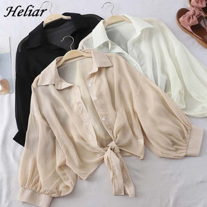 HELIAR Lantern Sleeve Chiffon Shirts Women 2020 Summer Buttoned Up Shirt Long Sleeve Blouse Tied Waist Elegant Women Blouses