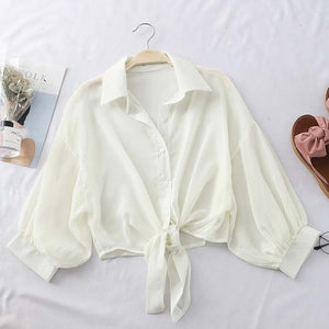 HELIAR Lantern Sleeve Chiffon Shirts Women 2020 Summer Buttoned Up Shirt Long Sleeve Blouse Tied Waist Elegant Women Blouses