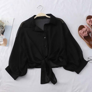 HELIAR Lantern Sleeve Chiffon Shirts Women 2020 Summer Buttoned Up Shirt Long Sleeve Blouse Tied Waist Elegant Women Blouses