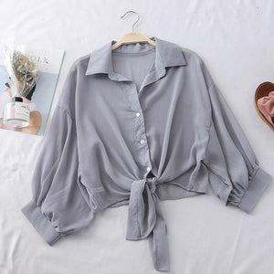 HELIAR Lantern Sleeve Chiffon Shirts Women 2020 Summer Buttoned Up Shirt Long Sleeve Blouse Tied Waist Elegant Women Blouses