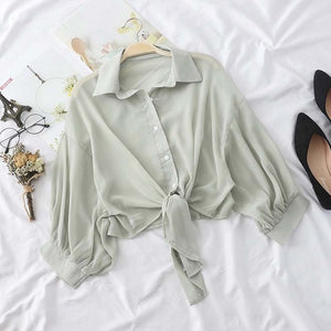 HELIAR Lantern Sleeve Chiffon Shirts Women 2020 Summer Buttoned Up Shirt Long Sleeve Blouse Tied Waist Elegant Women Blouses