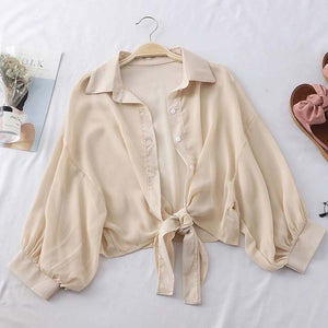 HELIAR Lantern Sleeve Chiffon Shirts Women 2020 Summer Buttoned Up Shirt Long Sleeve Blouse Tied Waist Elegant Women Blouses