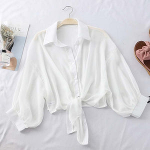 HELIAR Lantern Sleeve Chiffon Shirts Women 2020 Summer Buttoned Up Shirt Long Sleeve Blouse Tied Waist Elegant Women Blouses