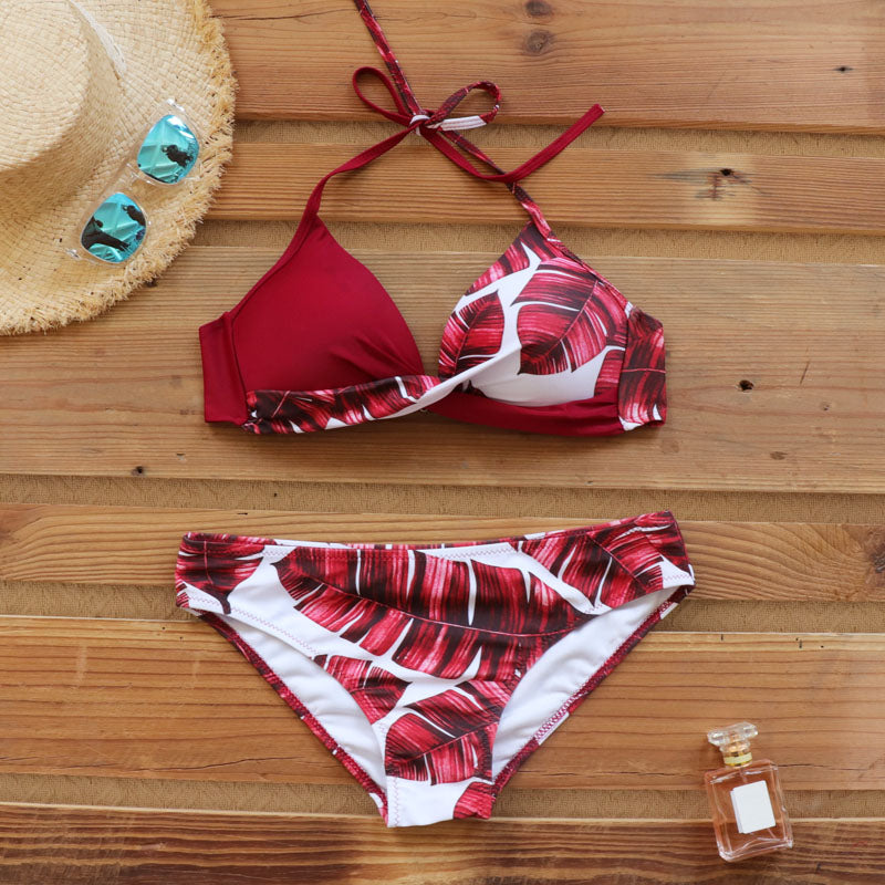 Maillot de bain maillot de bain femme licou biquini feuille imprimé bikini plage porter 2020